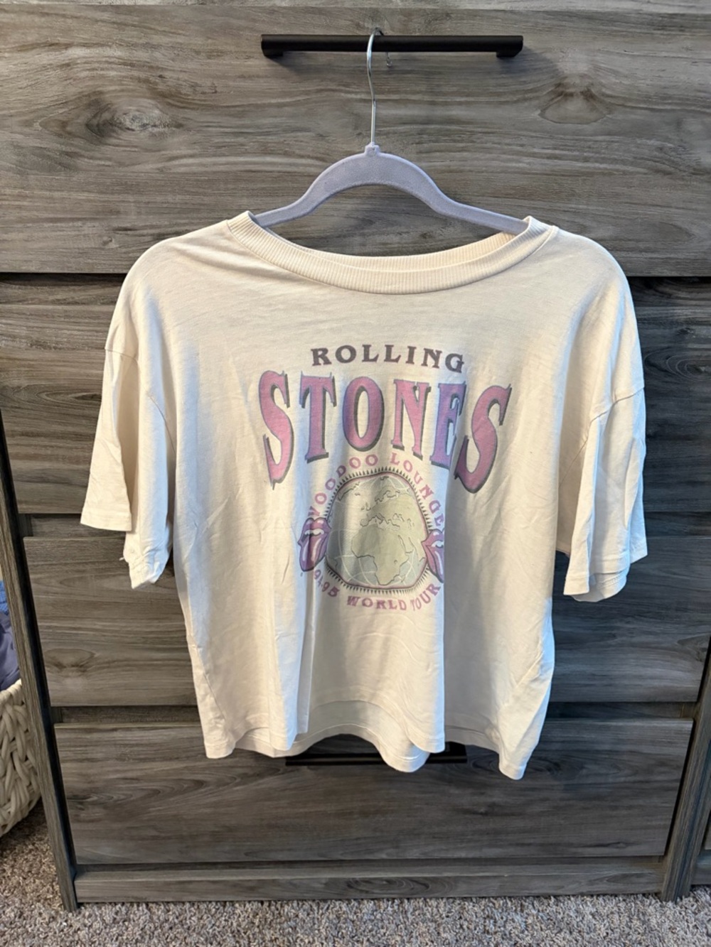 the Rolling Stones Cream Tee with Pink & Purple Logo